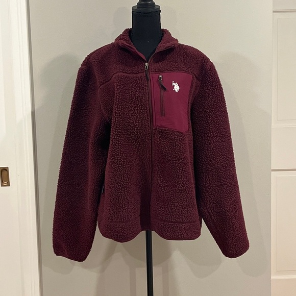 U.S. POLO ASSN Womens Maroon Sherpa Zip Up Jacket Size Large White Horse - Picture 1 of 5